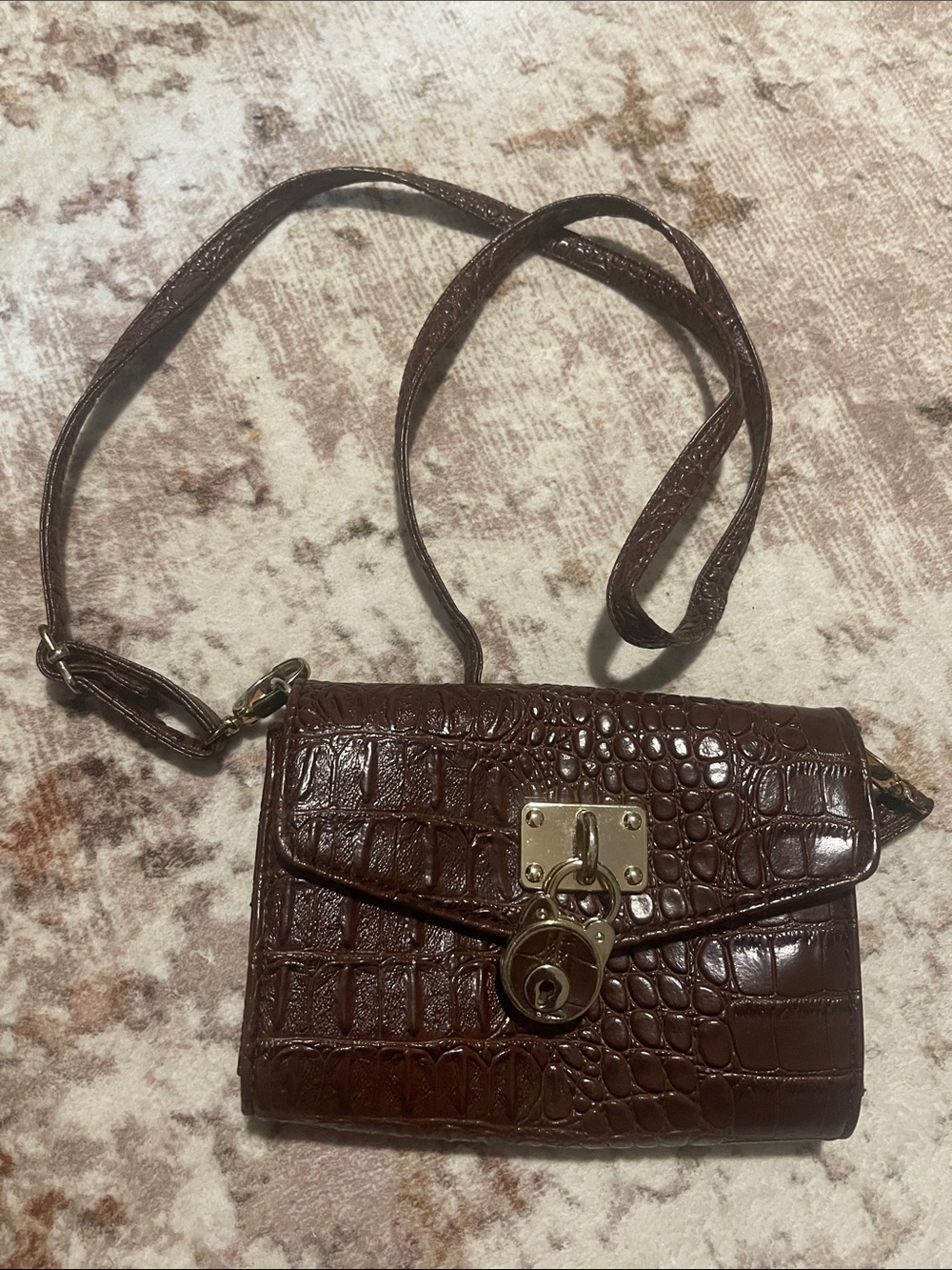 Brown Croc-Embossed Leather Crossbody Bag with Gold Hardware
